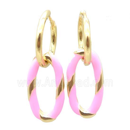 copper hoop Earring with pink enameling, oval, gold plated