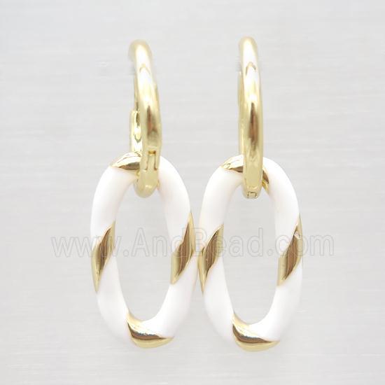 copper hoop Earring with white enameling, oval, gold plated