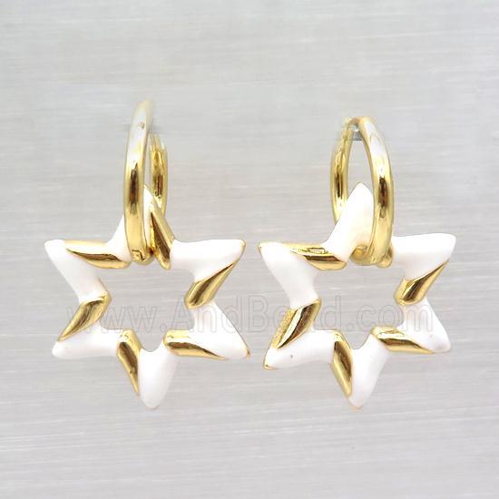 copper hoop Earring with white enameling, star, gold plated