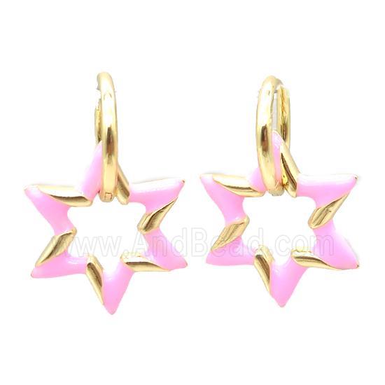 copper hoop Earring with pink enameling, star, gold plated