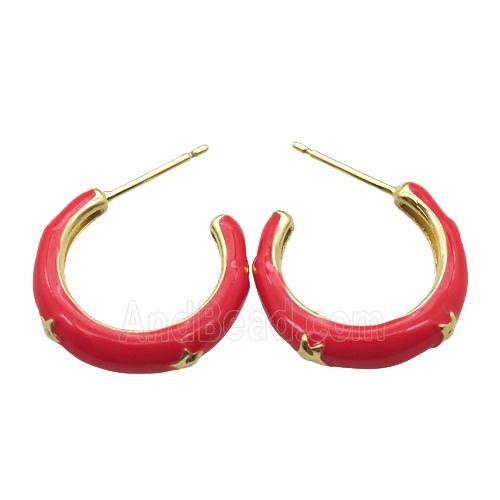 copper stud Earrings with red Enameling, gold plated