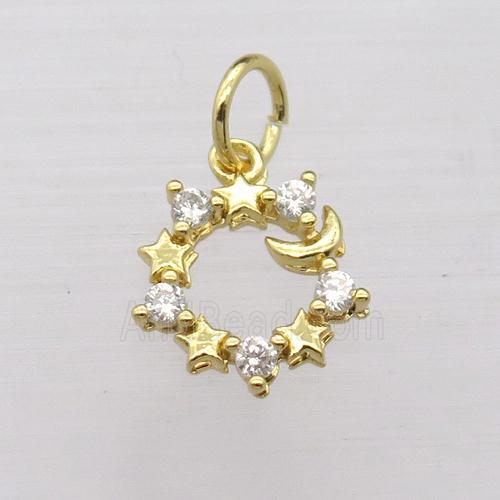copper circle pendant pave zircon, star, gold plated