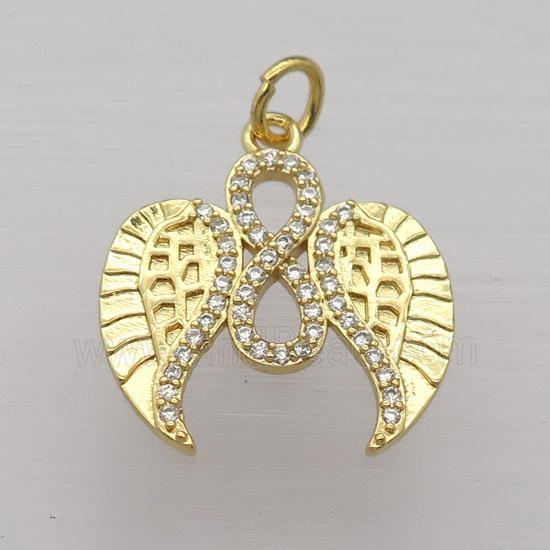 copper pendant pave zircon, angel wings, gold plated