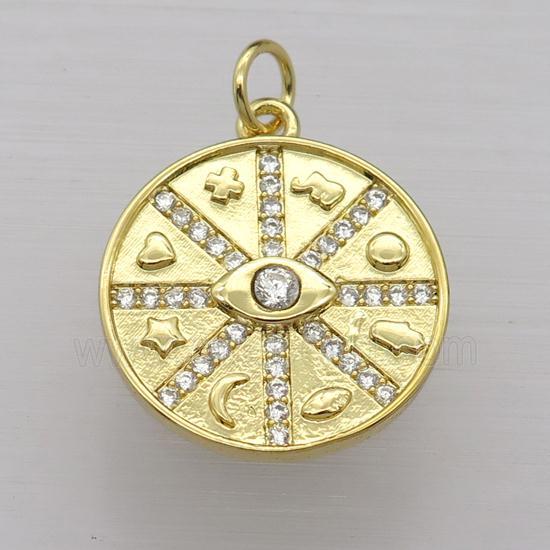 copper circle pendant pave zircon, gold plated