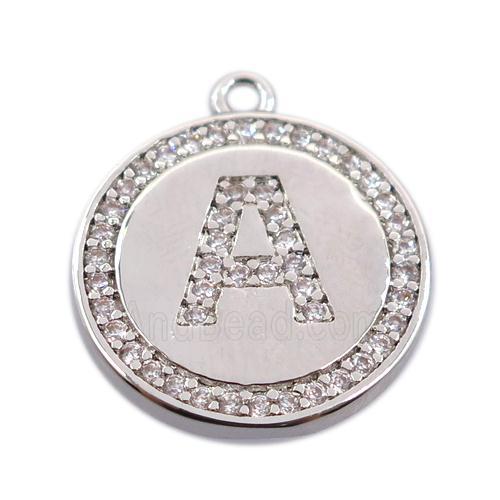 copper circle pendant pave zircon, letter A, platinum plated