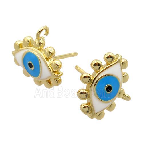 copper Stud Earrings, enamel evil eye, gold plated