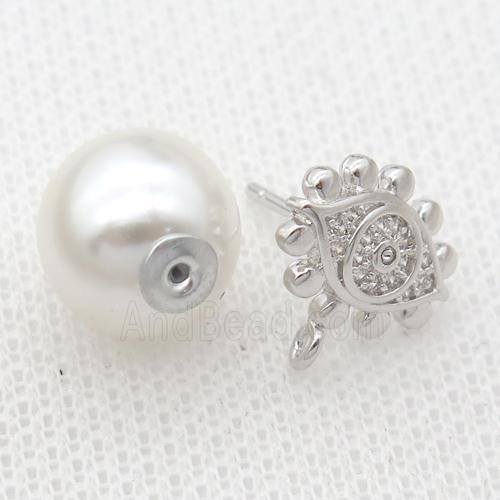 copper Stud Earrings pave zircon, pearl shell, platinum plated