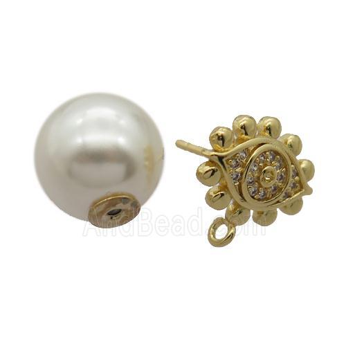 copper Stud Earrings pave zircon, pearl shell, gold plated