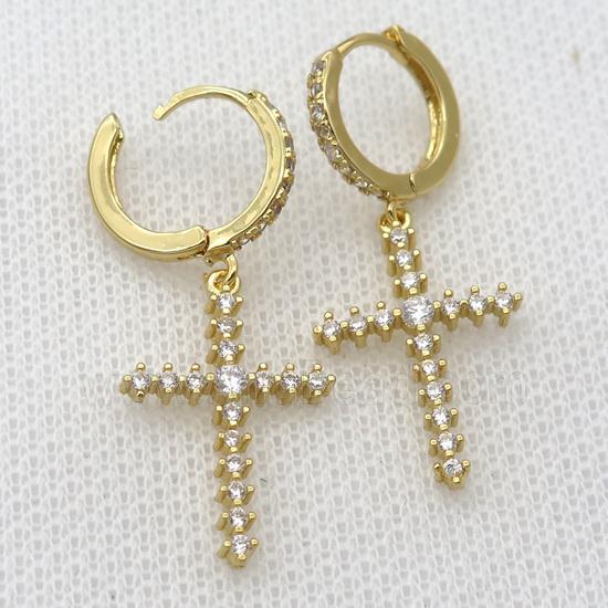 copper Hoop Earrings pave zircon with cross, gold plated