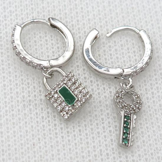 copper Hoop Earrings pave zircon with Key Lock, platinum plated