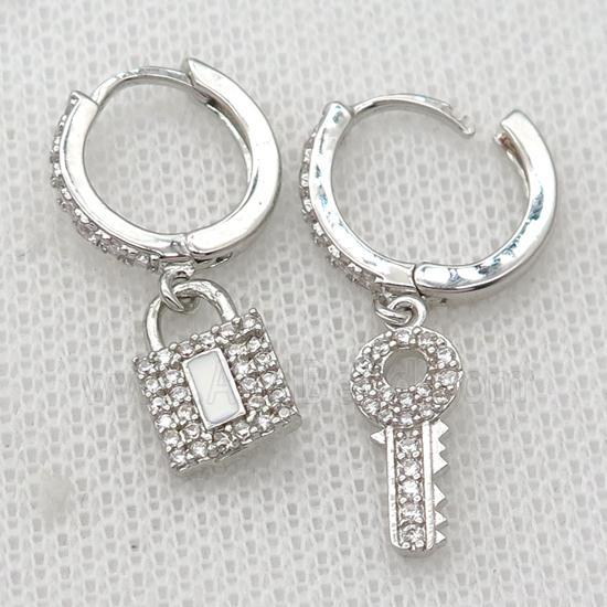 copper Hoop Earrings pave zircon with Key Lock, platinum plated