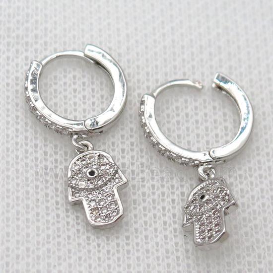 copper Hoop Earrings pave zircon with hamsahand, platinum plated