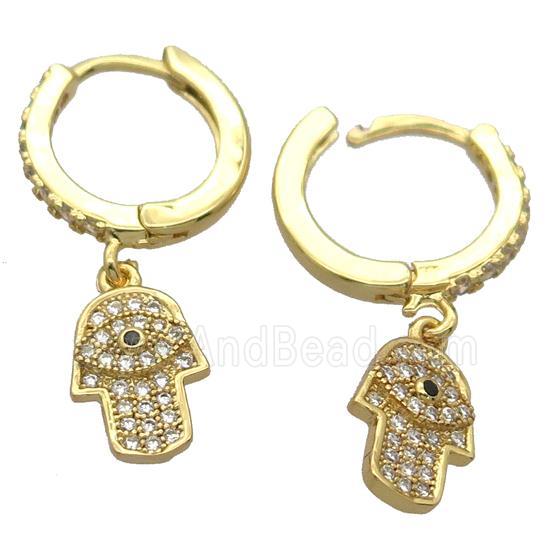 copper Hoop Earrings pave zircon with hamsahand, gold plated