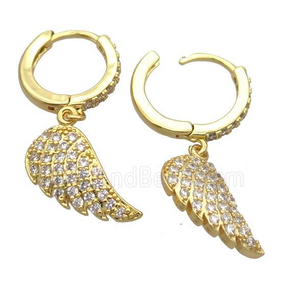 copper Hoop Earrings pave zircon with angelwings, gold plated