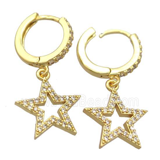 copper Hoop Earrings pave zircon with star, gold plated