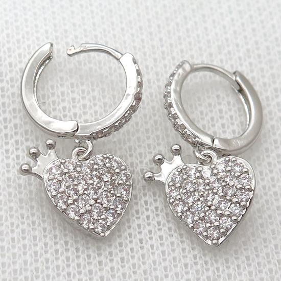copper Hoop Earrings pave zircon with heart, platinum plated