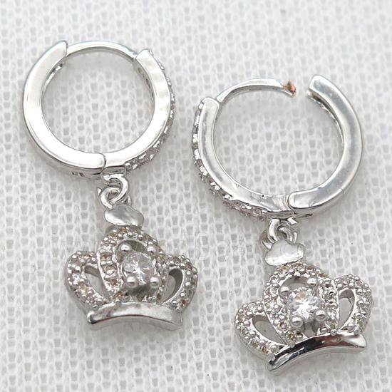 copper Hoop Earrings pave zircon with crown, platinum plated