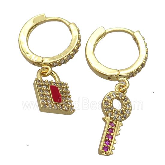 copper Hoop Earrings pave zircon with keyLock, gold plated