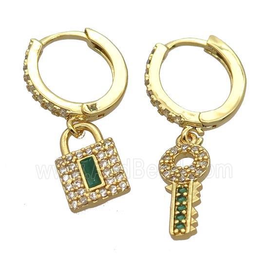 copper Hoop Earrings pave zircon with keyLock, gold plated