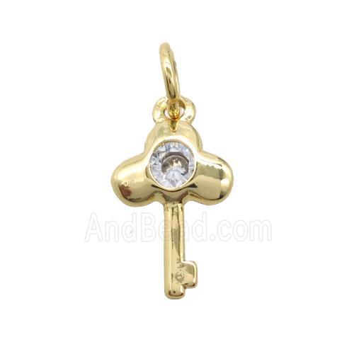 copper Key charm pendant pave zircon, gold plated