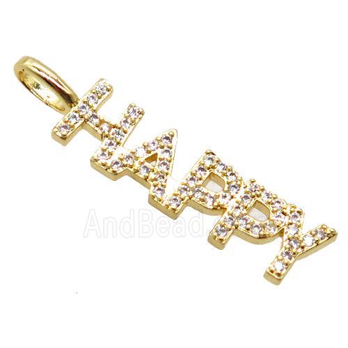 copper HAPPY pendant pave zircon, letter, gold plated