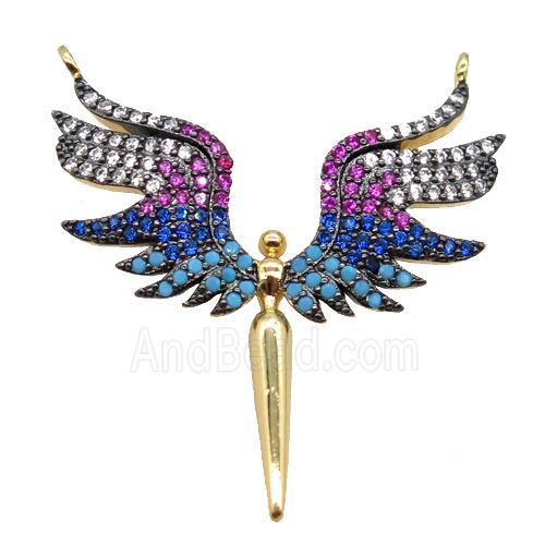 copper angel wing pendant pave zircon with 2loops, gold plated