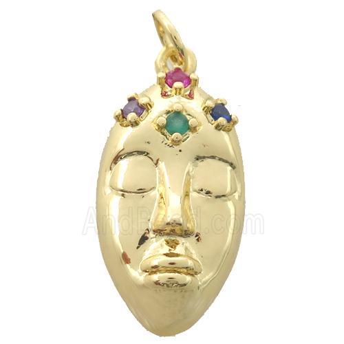 copper facemask pendant pave zircon, gold plated