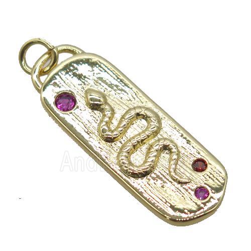 copper rectangle pendant pave zircon, snake, gold plated