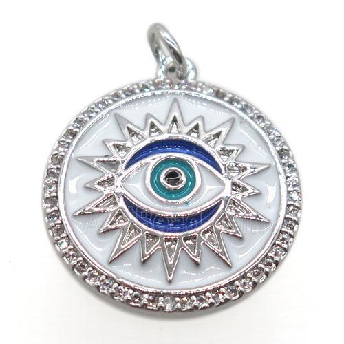 copper circle pendant pave zircon, enamel, eye, platinum plated