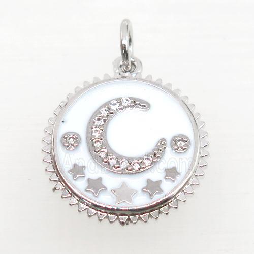 copper circle pendant pave zircon, white enamel, moon, platinum plated