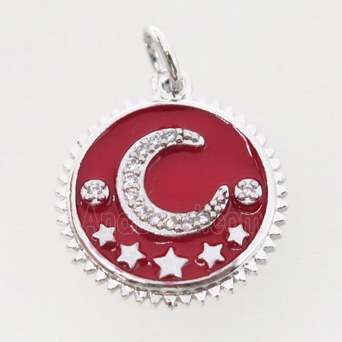 copper circle pendant pave zircon, red enamel, moon, platinum plated