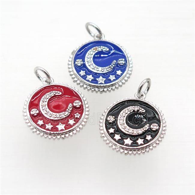 copper circle pendant pave zircon, enamel, moon, platinum plated, mix