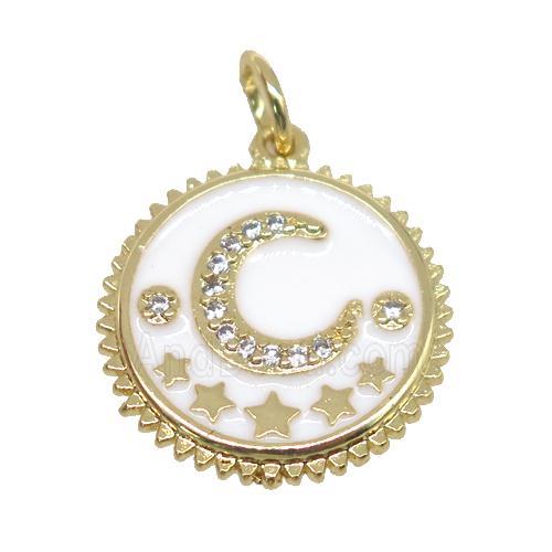 copper circle pendant pave zircon, white enamel, moon, gold plated