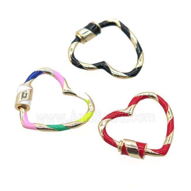 copper carabiner lock pendant with enamel, heart, gold plated