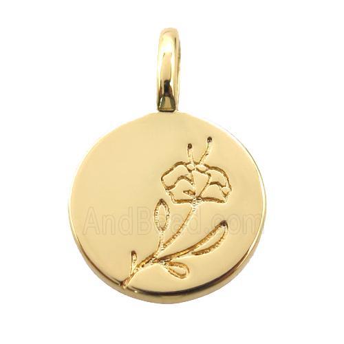 copper circle pendant, flower, gold plated