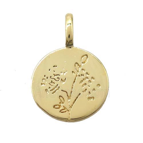 copper circle pendant, flower, gold plated