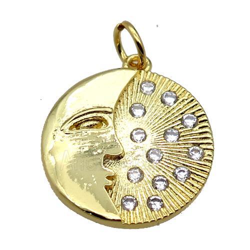 copper moonface pendant pave zircon, gold plated