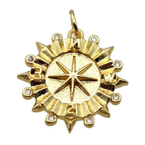 copper Compass pendant pave zircon, gold plated