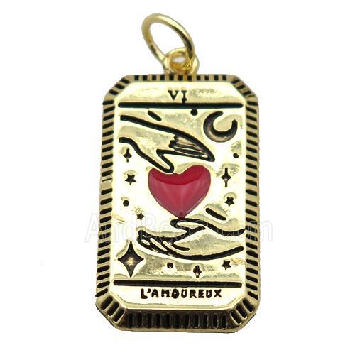 copper rectangle tarot card pendant pave zircon, red heart, gold plated