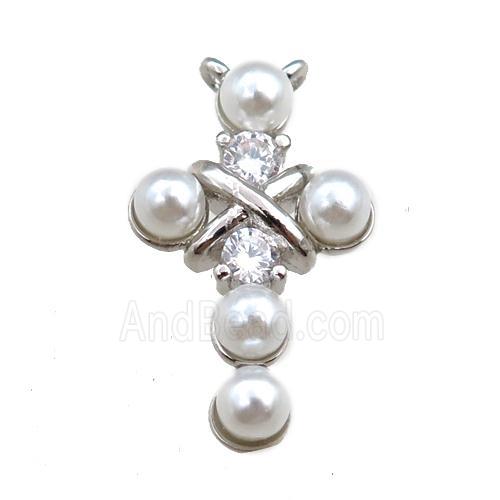 copper cross pendant pave zircon with pearlized plastic, platinum plated