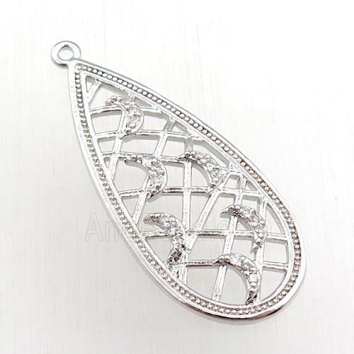 copper teardrop pendant pave zircon, platinum plated
