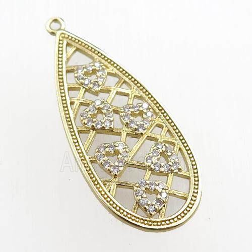 copper teardrop pendant pave zircon, heart, gold plated