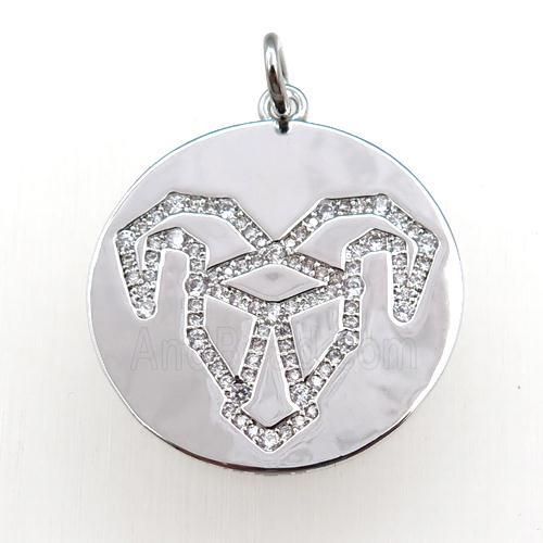 copper circle pendant pave zircon, zodiac Aries, platinum plated