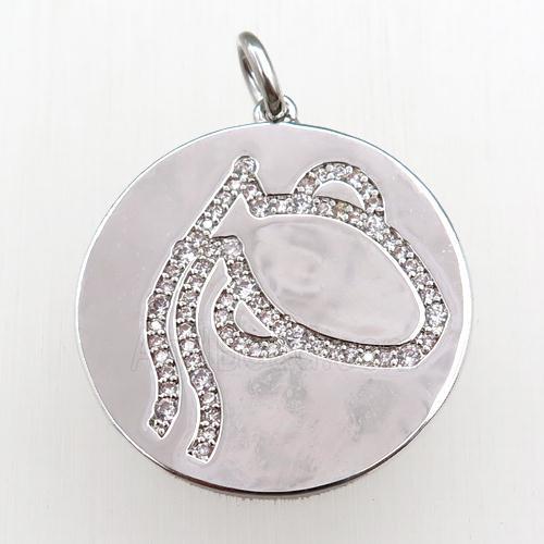 copper circle pendant pave zircon, zodiac Aquarius, platinum plated
