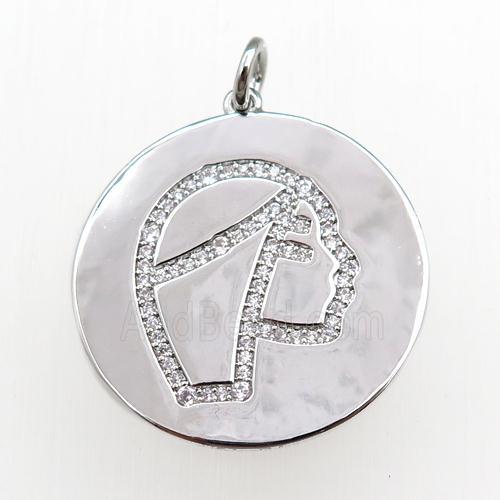 copper circle pendant pave zircon, zodiac Virgo, platinum plated