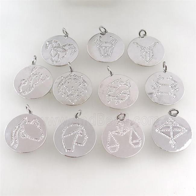 copper circle pendant pave zircon, mixed zodiac, platinum plated