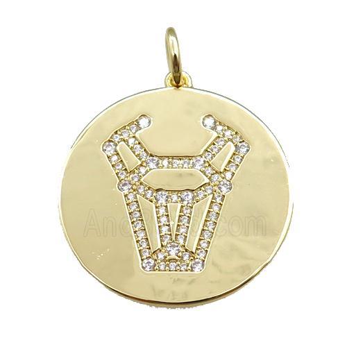 copper circle pendant pave zircon, zodiac Taurus, gold plated