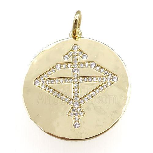 copper circle pendant pave zircon, zodiac Sagittarius, gold plated