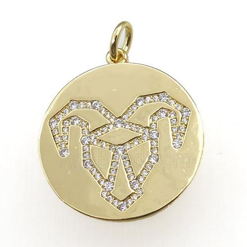 copper circle pendant pave zircon, zodiac Aries, gold plated