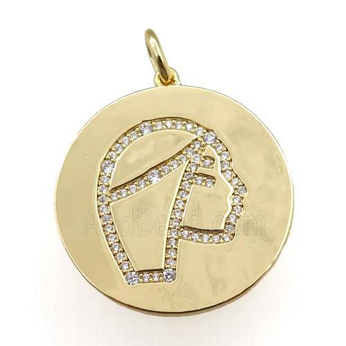copper circle pendant pave zircon, zodiac Virgo, gold plated